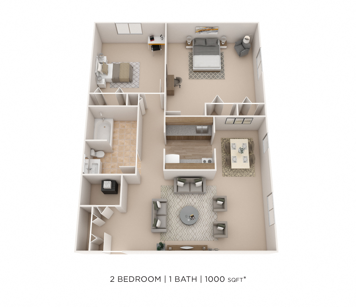 Two Bedroom- 1000 sqft floor plan