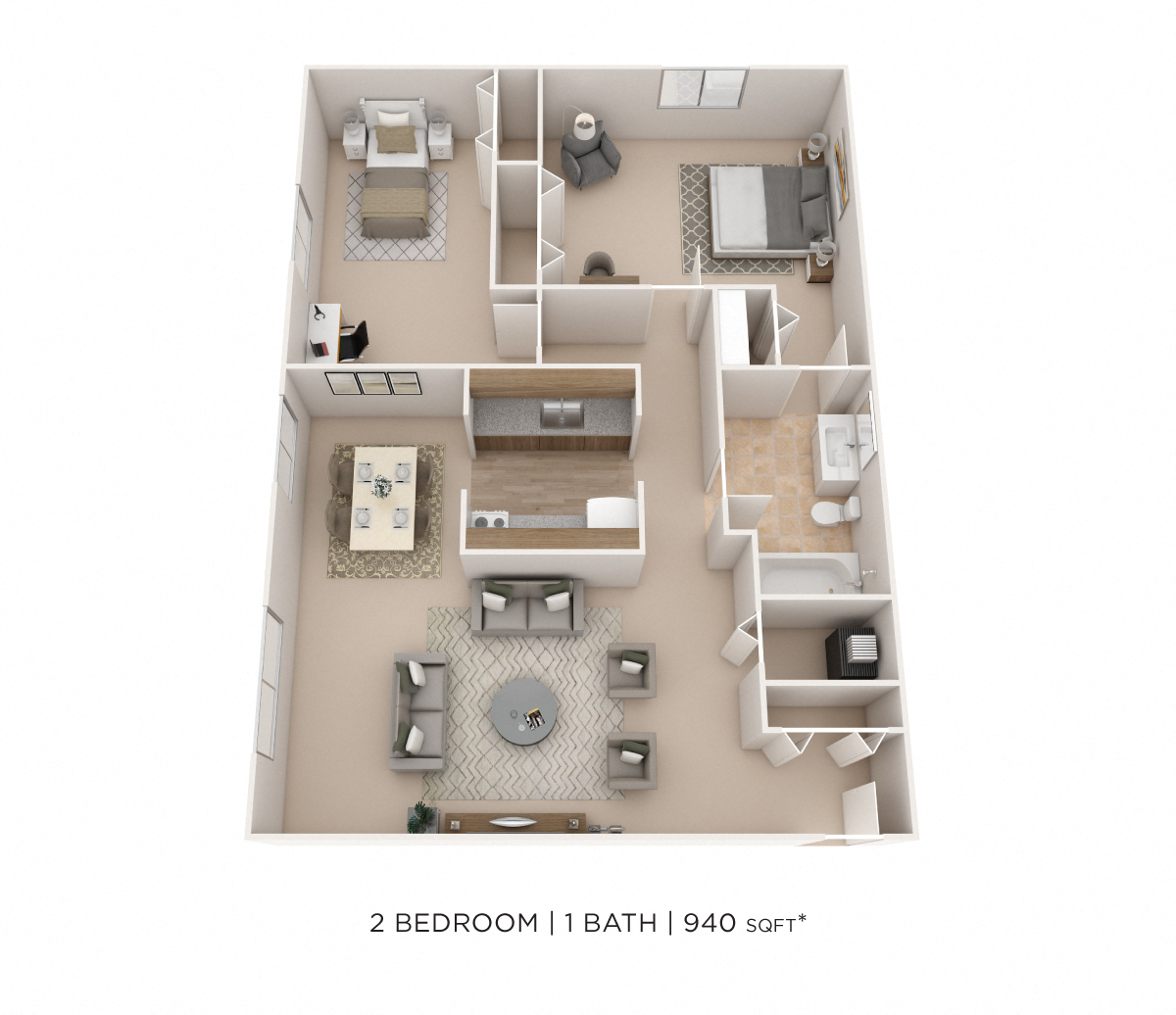 Two Bedroom- 940 sqft floor plan
