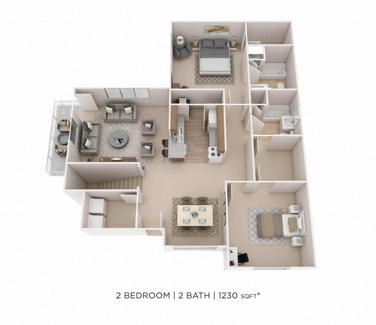 Two Bedroom 2 Bath- 1,230 sqft floor plan