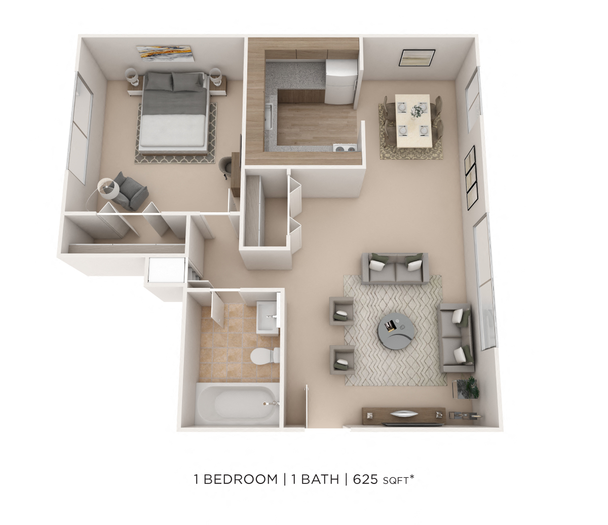 One Bedroom - 625 sqft floor plan