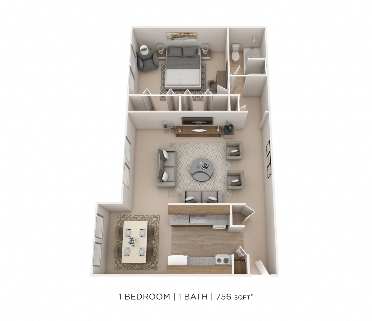 One Bedroom - 756 sqft floor plan