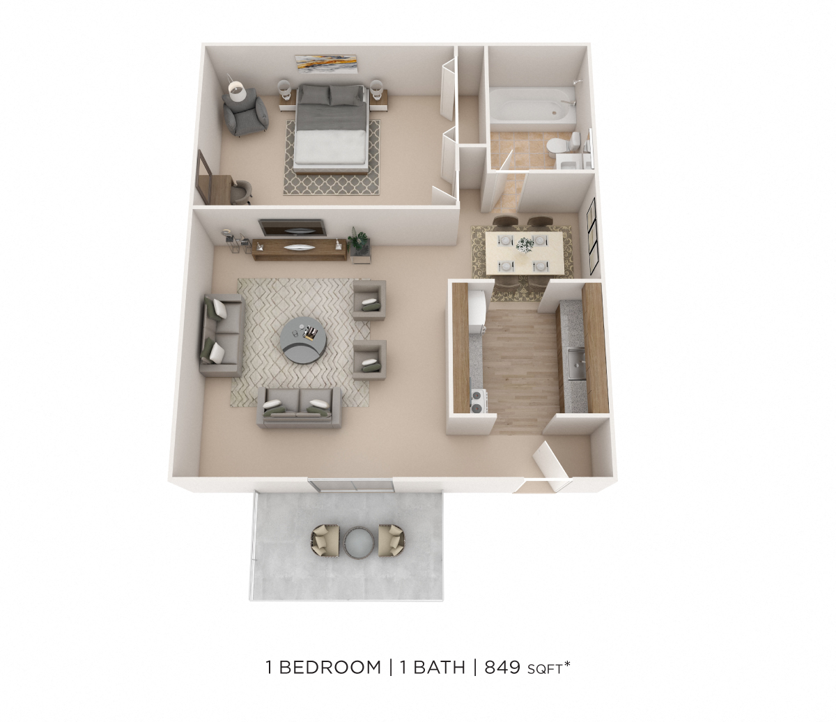 One Bedroom- 849 sqft floor plan