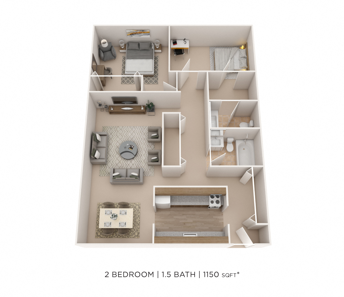 Two Bedroom 1.5 Bath- 1,150 sqft floor plan