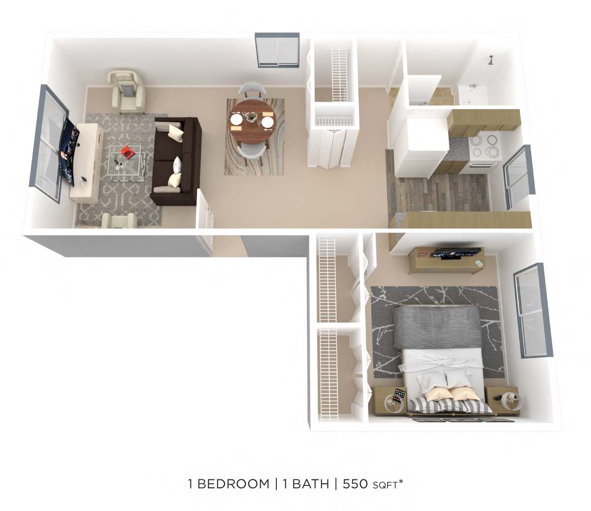 One Bedroom- 550 sqft floor plan