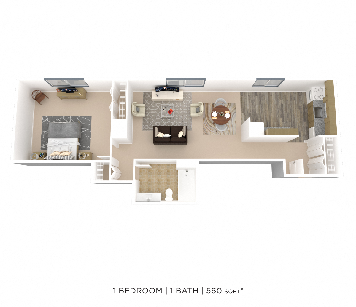 One Bedroom- 560 sqft floor plan