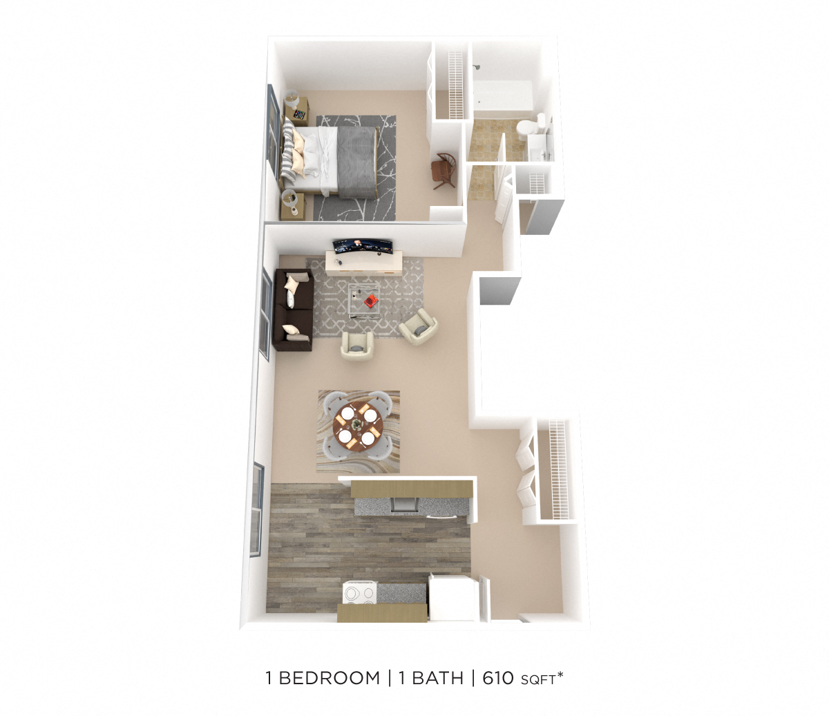 One Bedroom- 610sqft floor plan