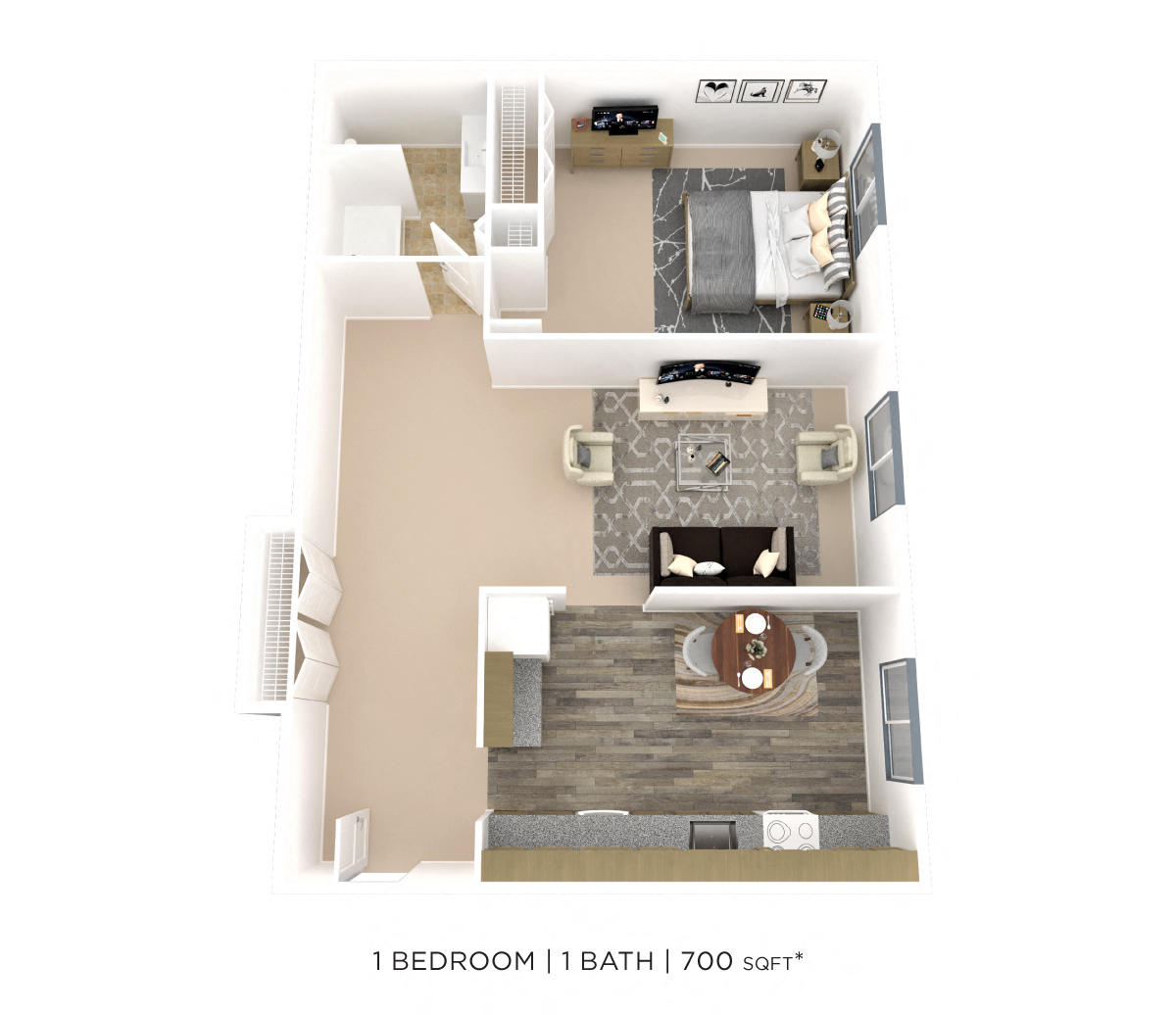 One Bedroom- 700sqft floor plan