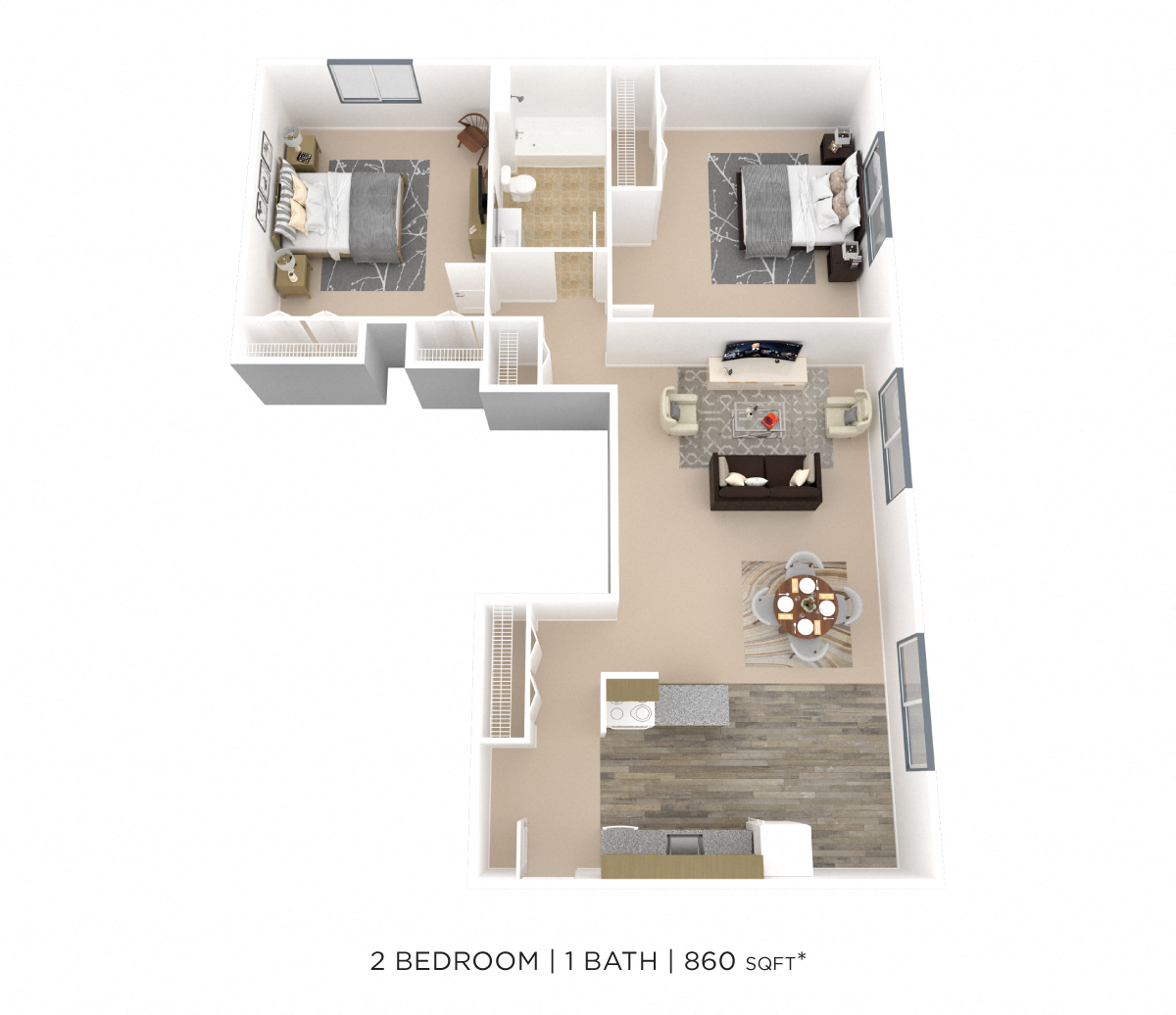 Two Bedroom- 860 sqft floor plan
