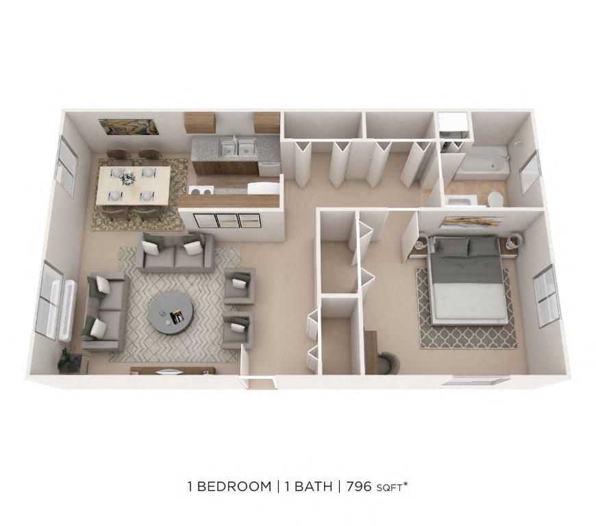 One Bedroom- 796 sqft floor plan