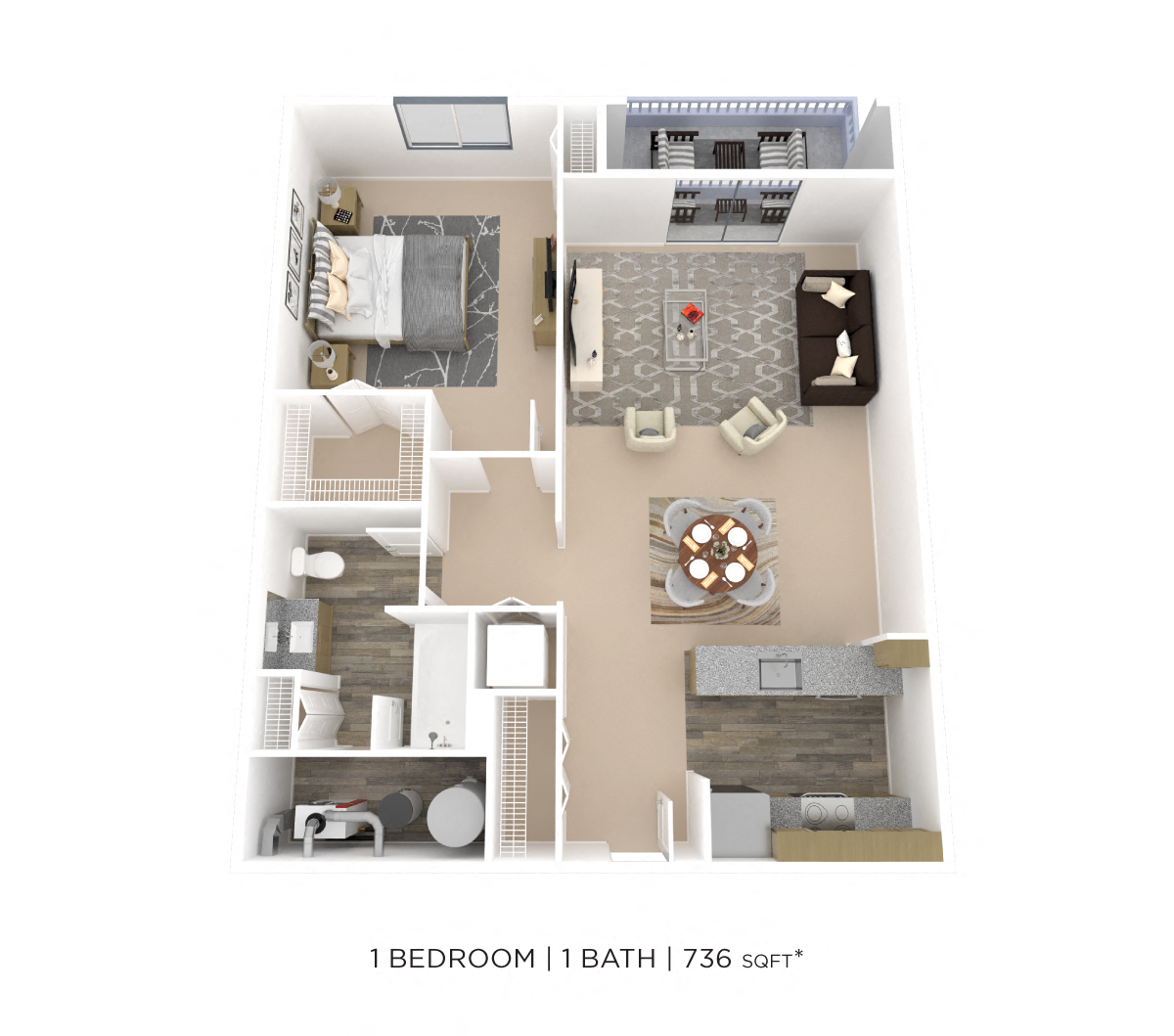One Bedroom- 736 sqft floor plan