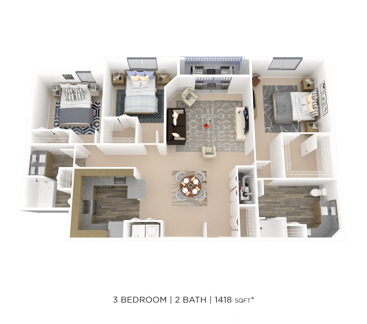 Three Bedroom 2 Bath- 1418 sqft floor plan