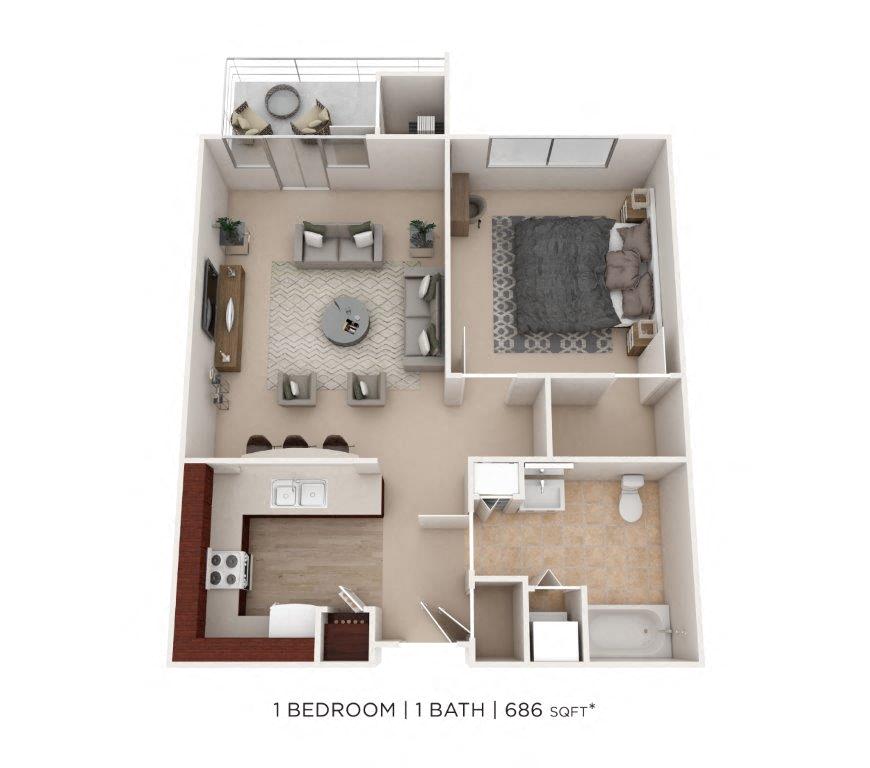 One Bedroom- 686 sqft floor plan