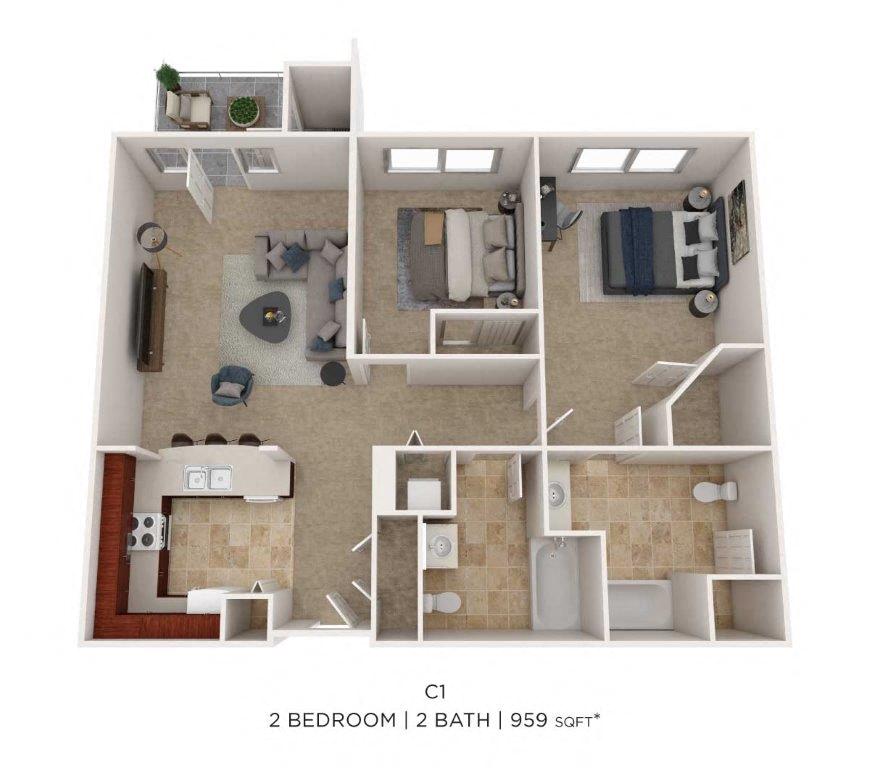Two Bedroom 2 Bath- 959 sqft floor plan