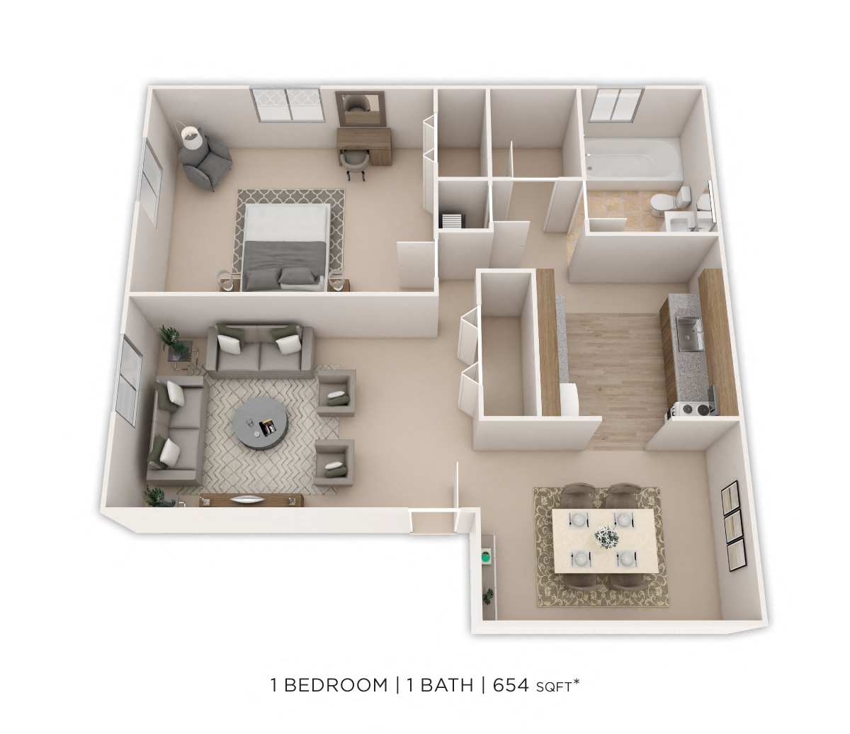 One Bedroom - 654 sqft floor plan