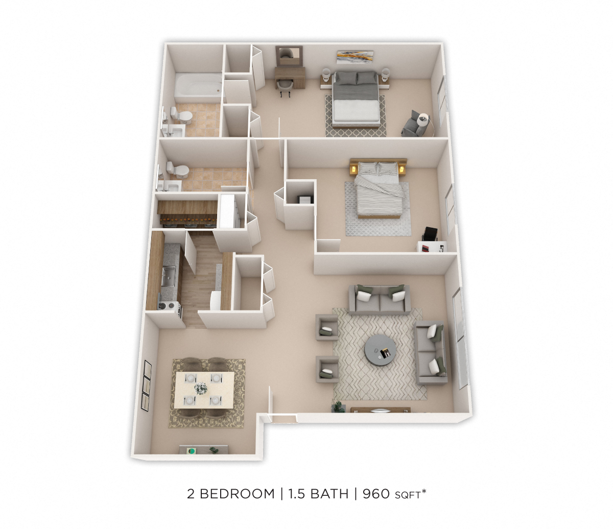 Two Bedroom 1.5 Bath - 960 sqft floor plan