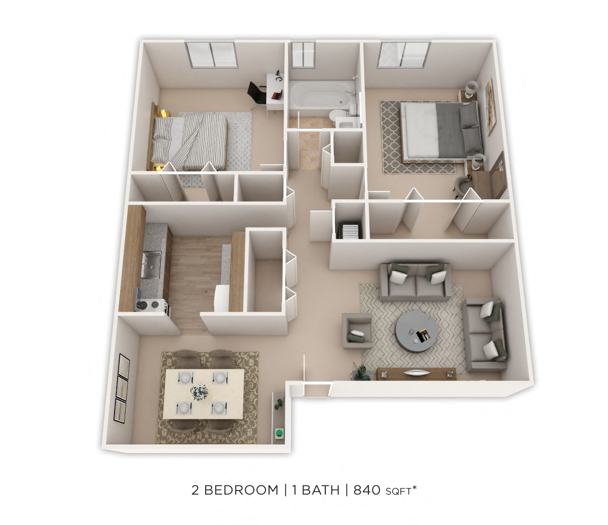 Two Bedroom - 840 sqft floor plan