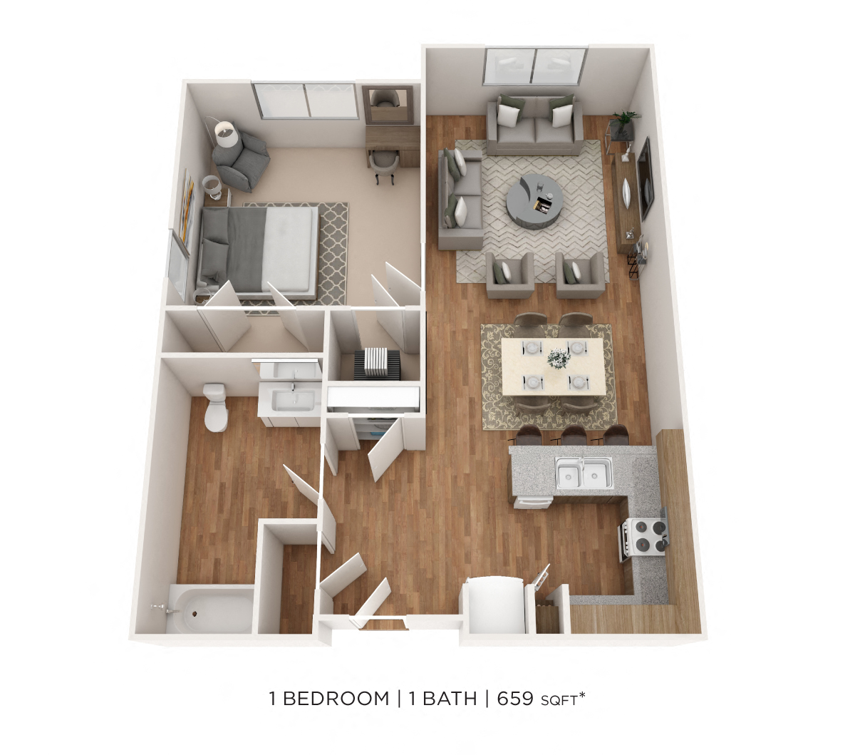 One Bedroom- 659 sqft floor plan