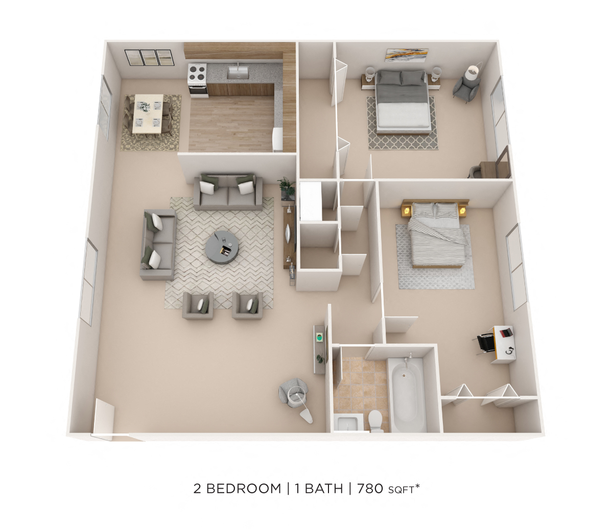 Two Bedroom- 780 sqft floor plan