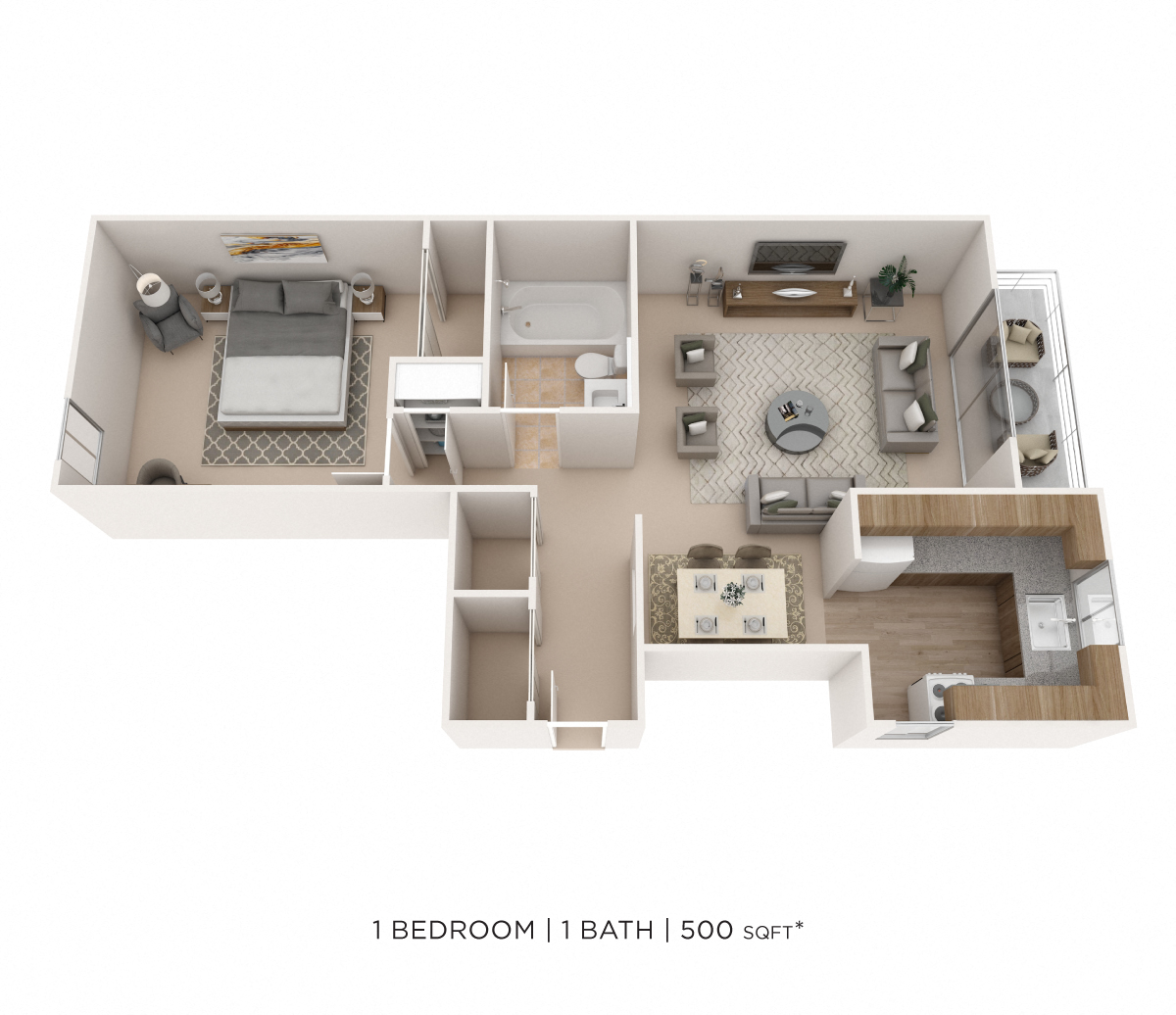 One Bedroom- 500 sqft floor plan
