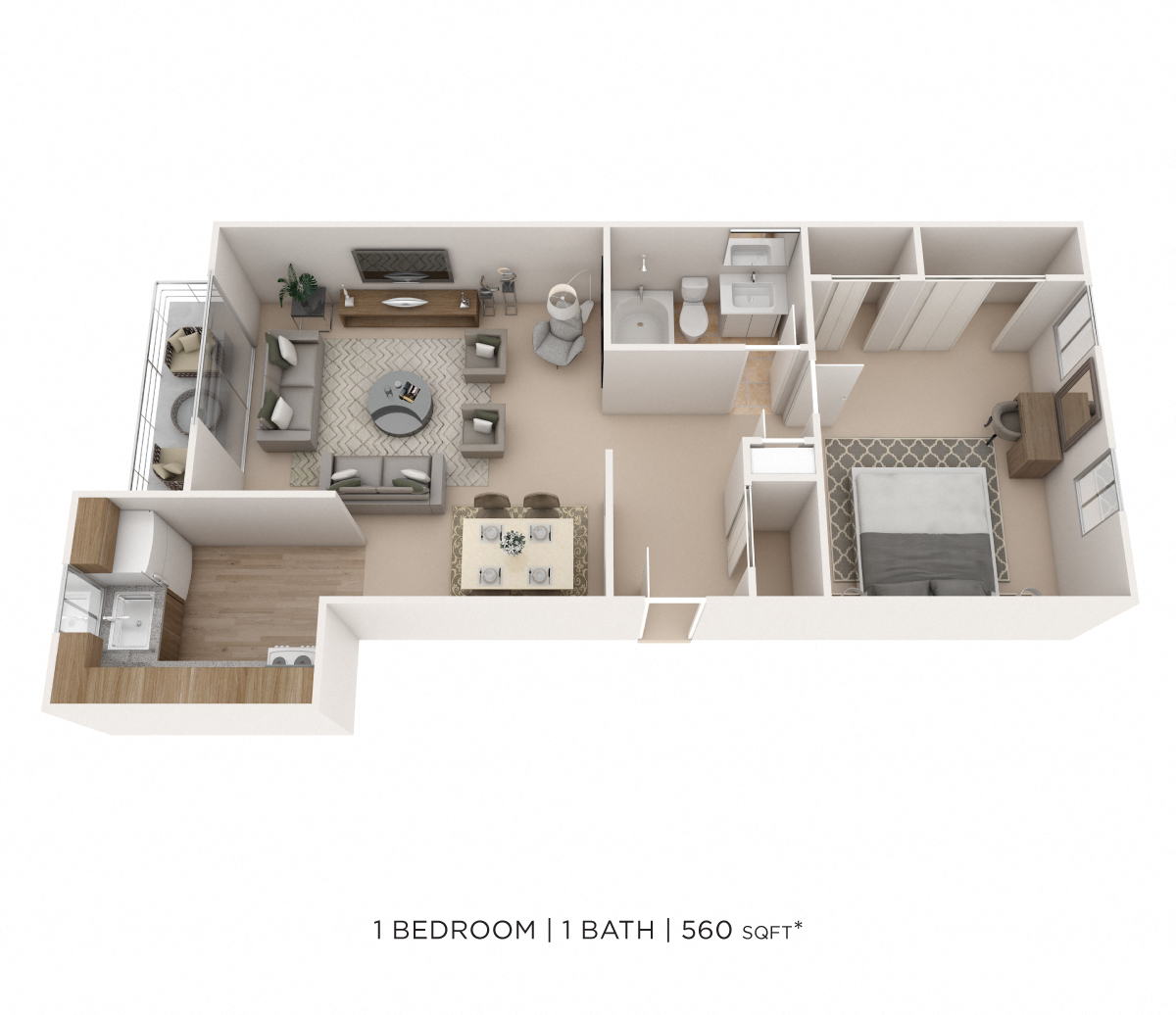 One Bedroom- 560 sqft floor plan