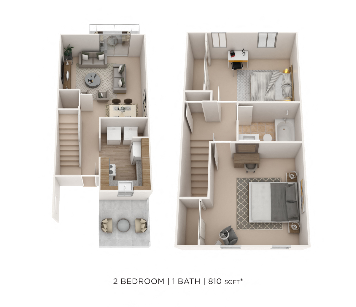 Two Bedroom Townhome- 810 sqft floor plan