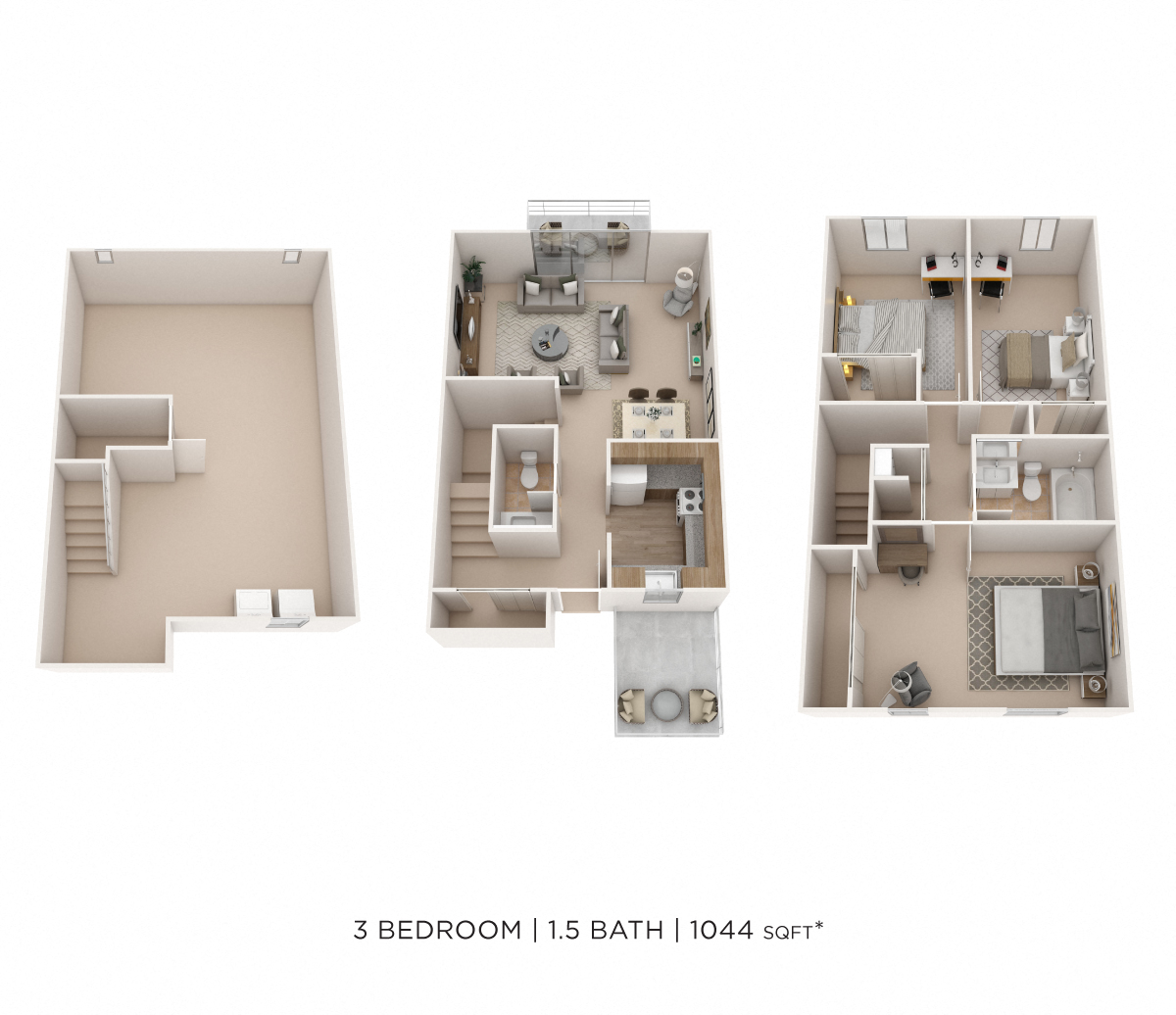 Three Bedroom 1.5 Bath Townhome floor plan