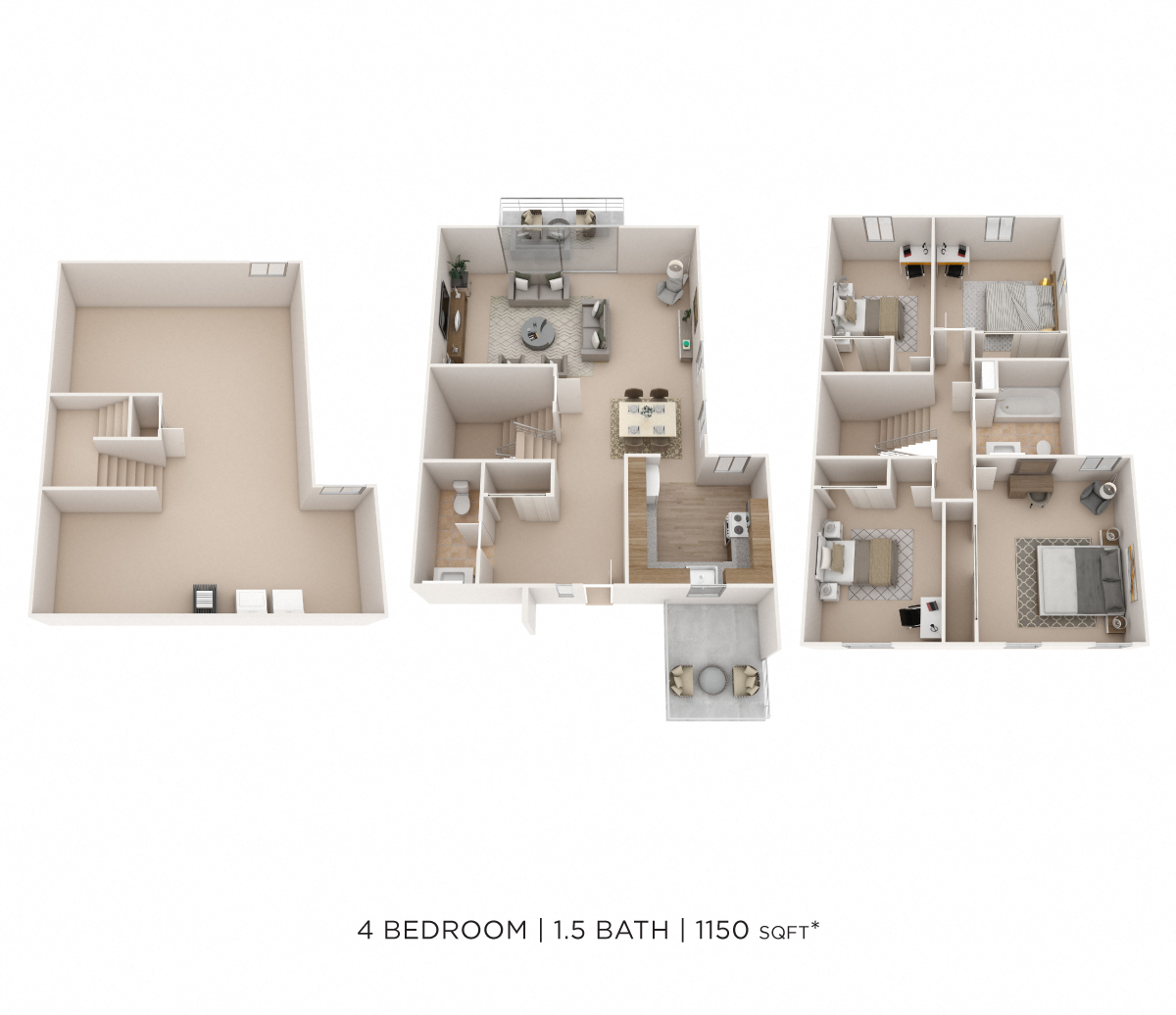 Four Bedroom 1.5 Bath Townhome floor plan