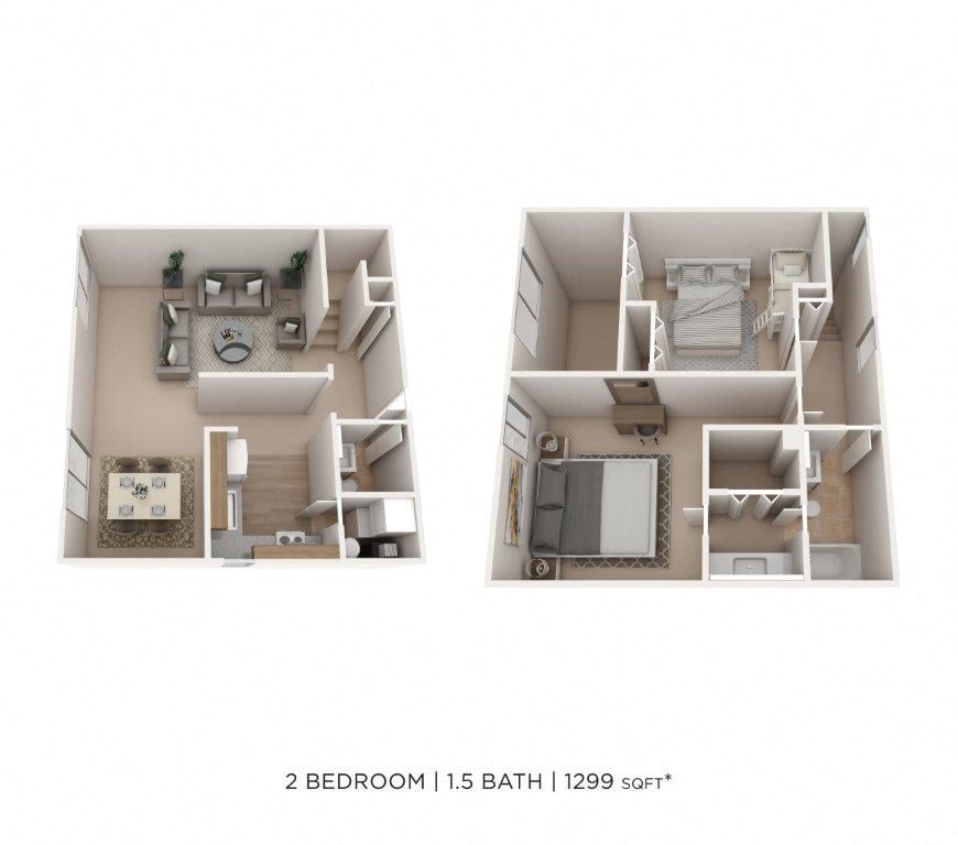 Two Bedroom 1.5 Bath- 1,299 sqft floor plan
