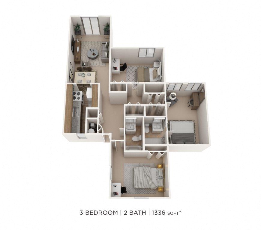 Three Bedroom 2 Bath- 1,336 sqft floor plan