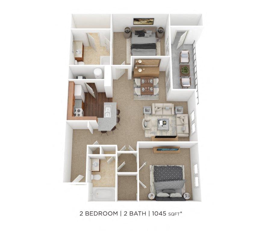 Two Bedroom 2 Bath- 1,045 sqft floor plan