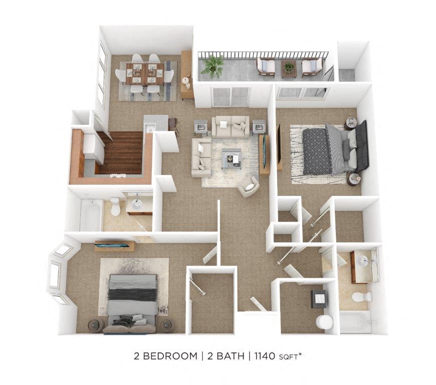 Two Bedroom 2 Bath- 1,140 sqft floor plan