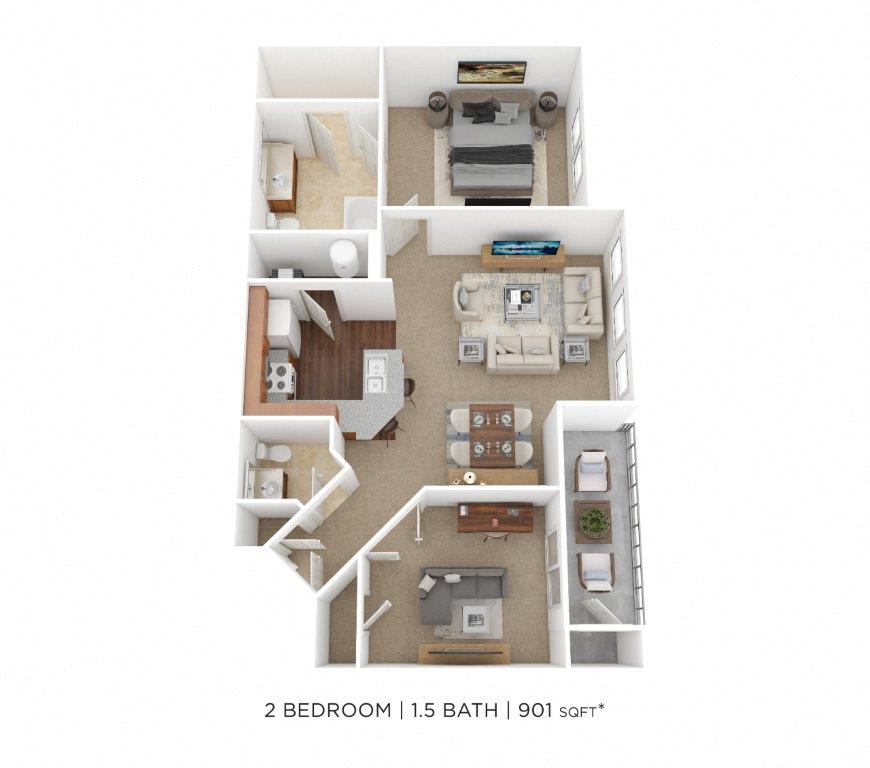 Two Bedroom 1.5 Bath- 901 sqft floor plan