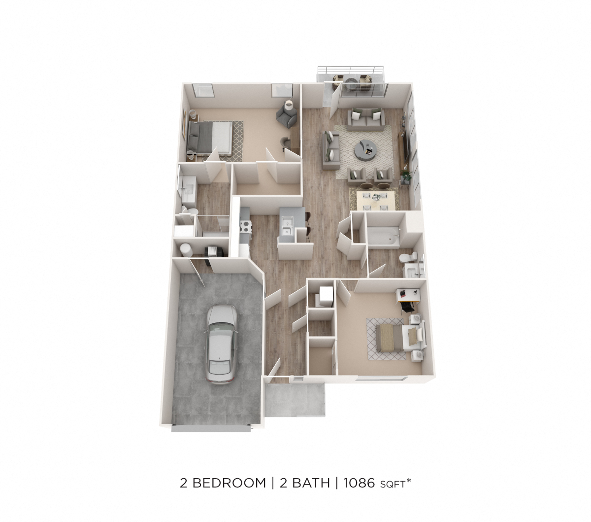 Two Bedroom 2 Bath Ranch-style Townhome- 1,086 sqft floor plan