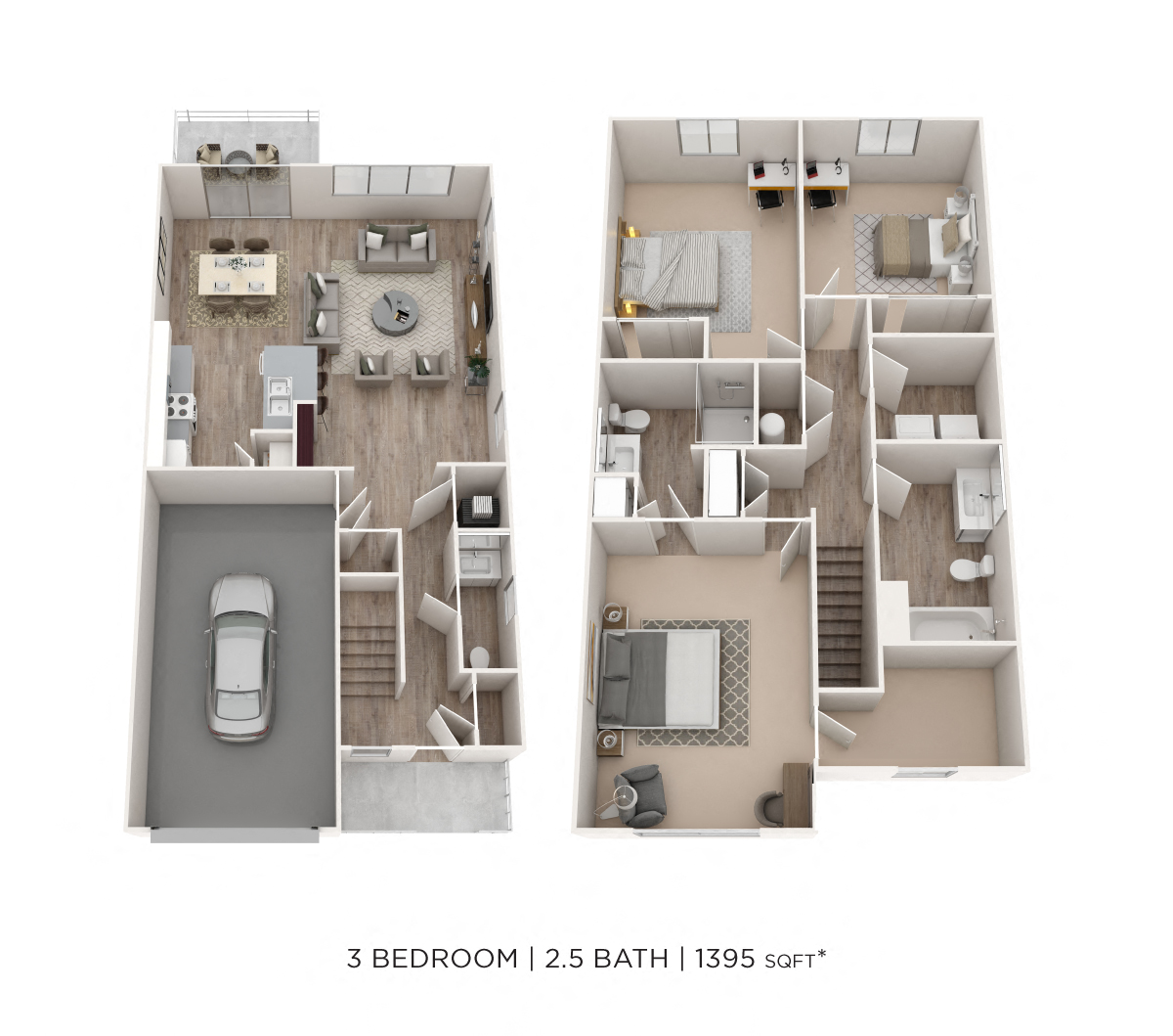 Three Bedroom 2.5 Bath Townhome- 1,395-1,405 sqft floor plan