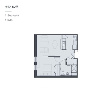 Floor plan of the Dell, a 1-bedroom 1-bath senior apartment