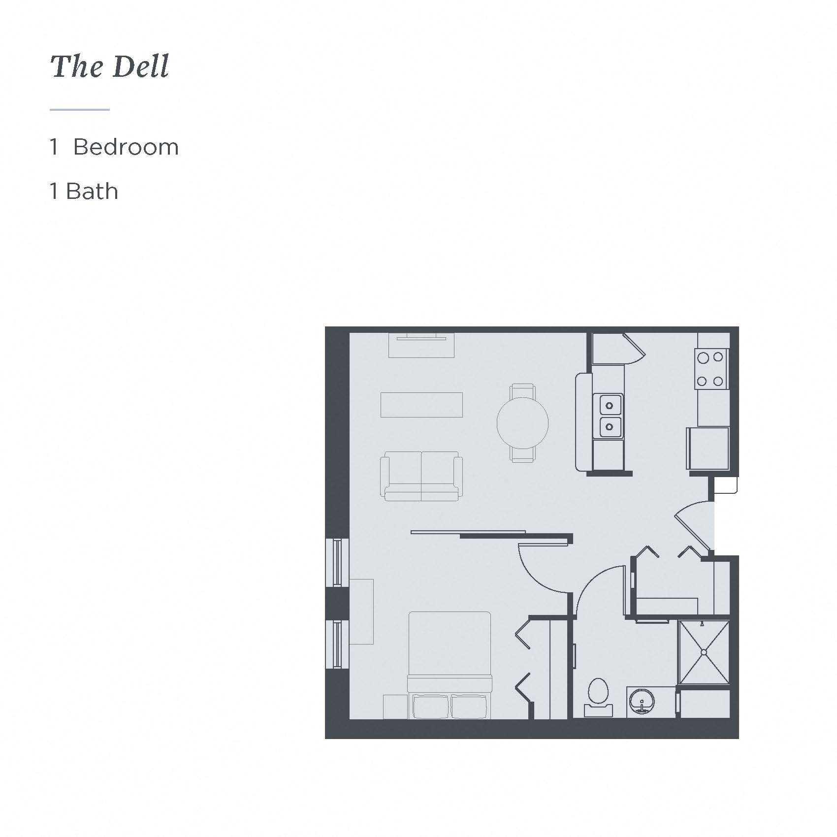 Floor plan of the Dell, a 1-bedroom 1-bath senior apartment