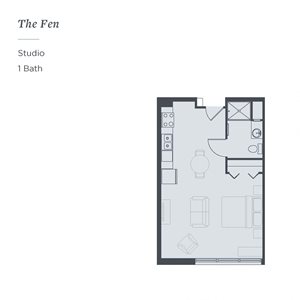Floor plan of The Fen, a studio with one bathroom, at The James Ferndale