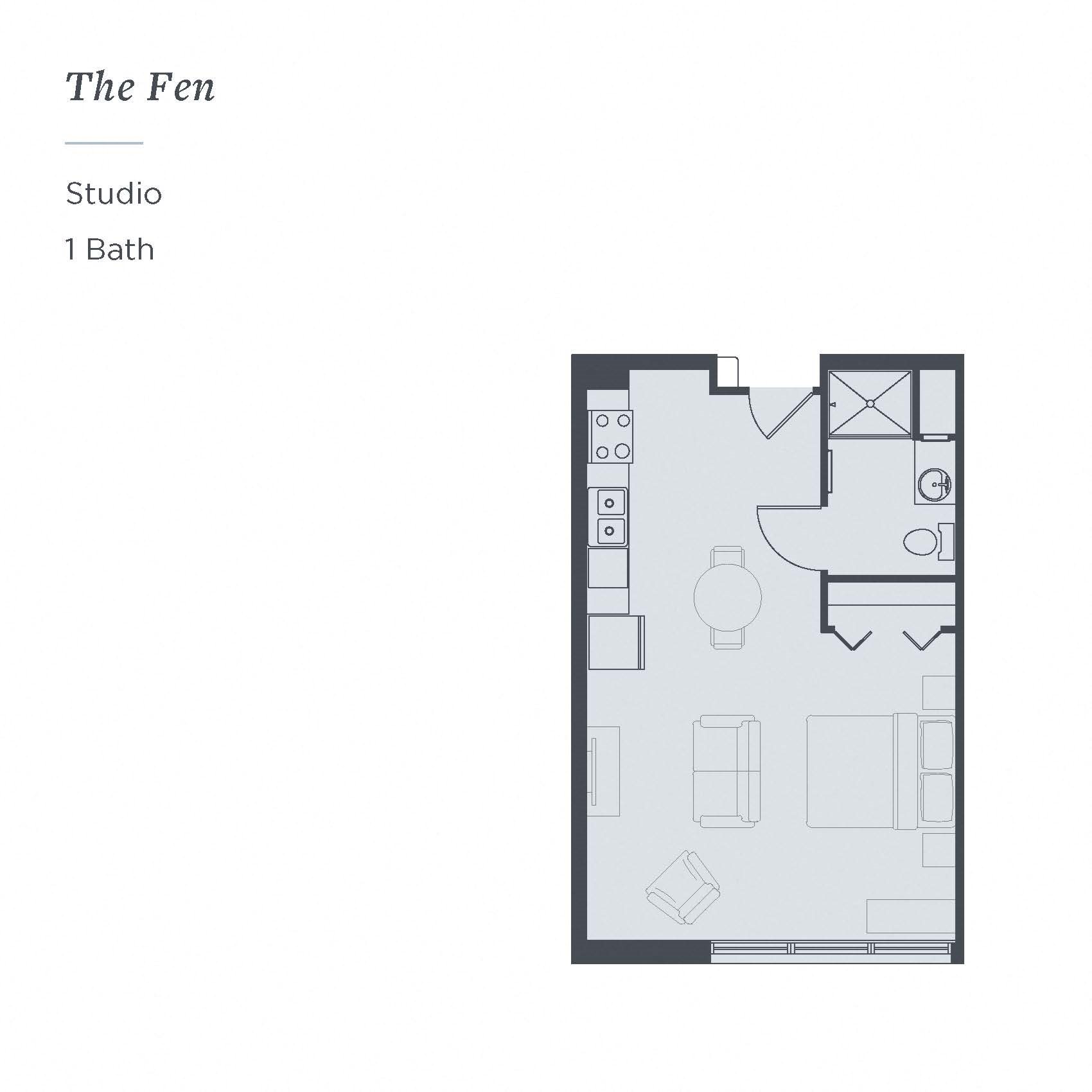 Floor plan of The Fen, a studio with one bathroom, at The James Ferndale