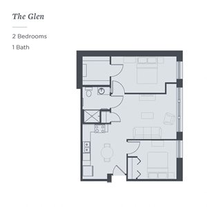Floor plan of The Glen, a 2-bedroom 1-bath senior living apartment