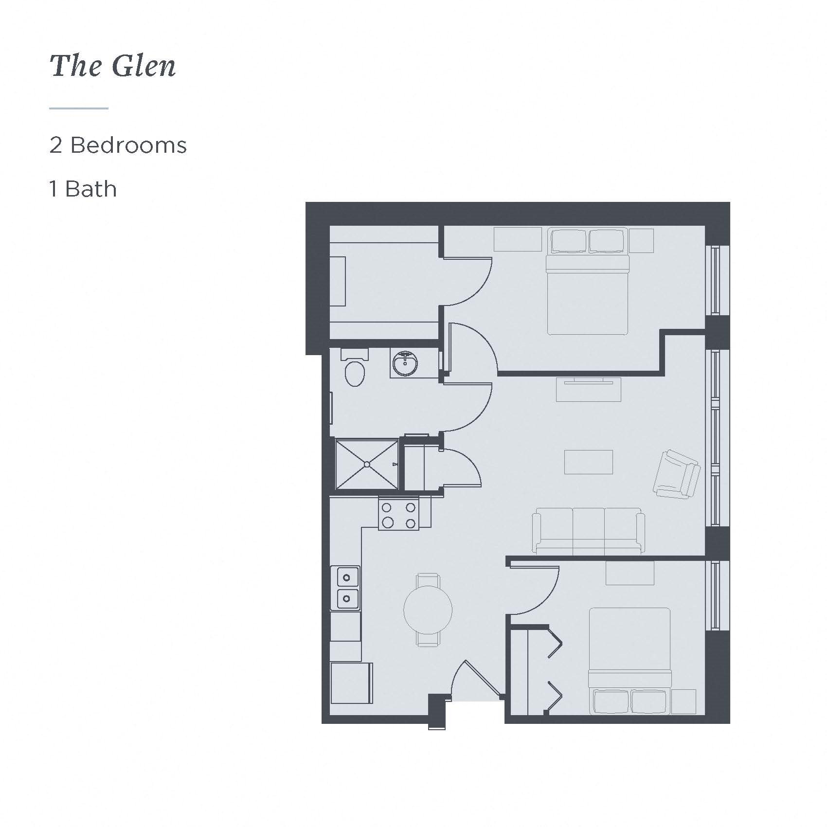 Floor plan of The Glen, a 2-bedroom 1-bath senior living apartment