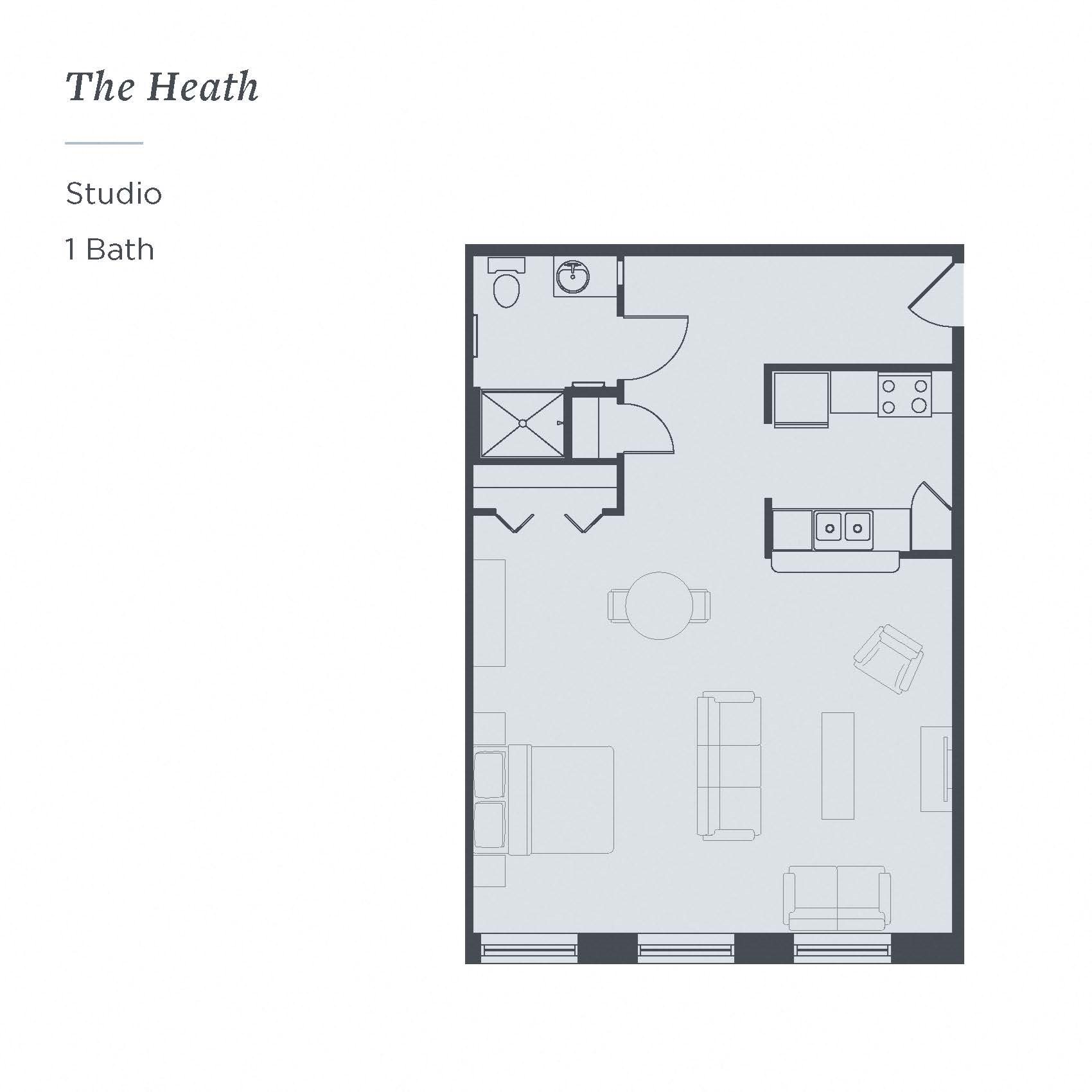 The James Ferndale, The Heath, a studio senior apartment floor plan