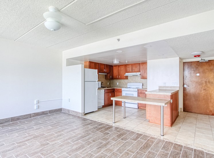 kitchen with efficient appliances, hardwood-style flooring, and island