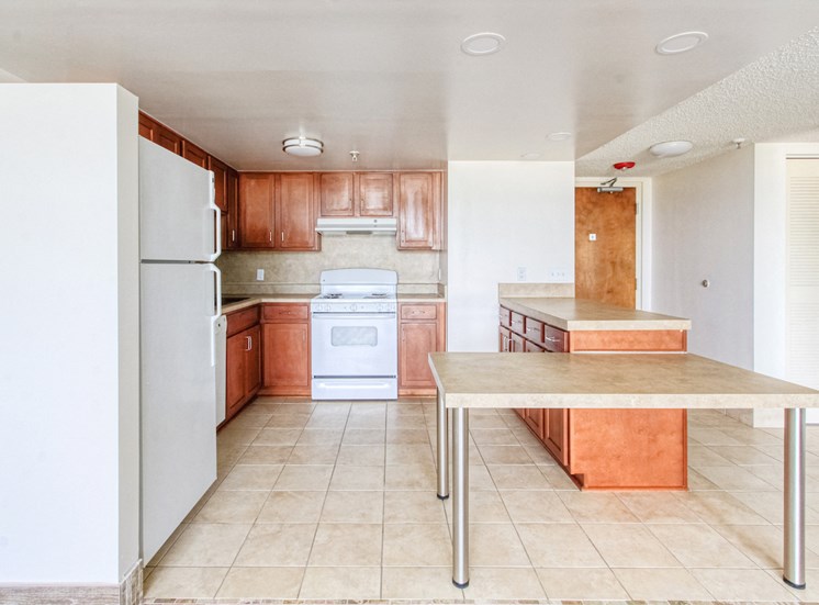 kitchen with efficient appliance package, ample cabinetry, and island