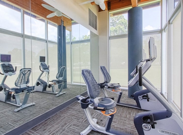 recumbent bikes in fitness center with mirrors