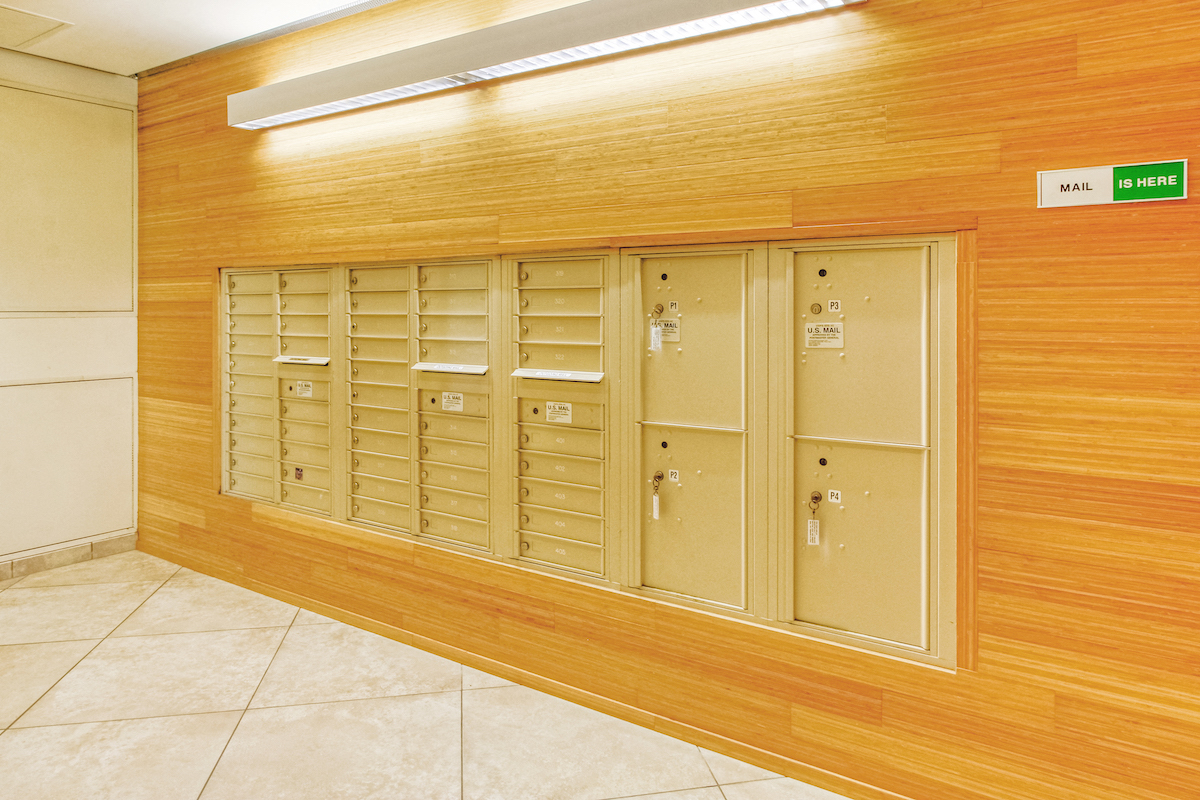 mailboxes in brightly lit area