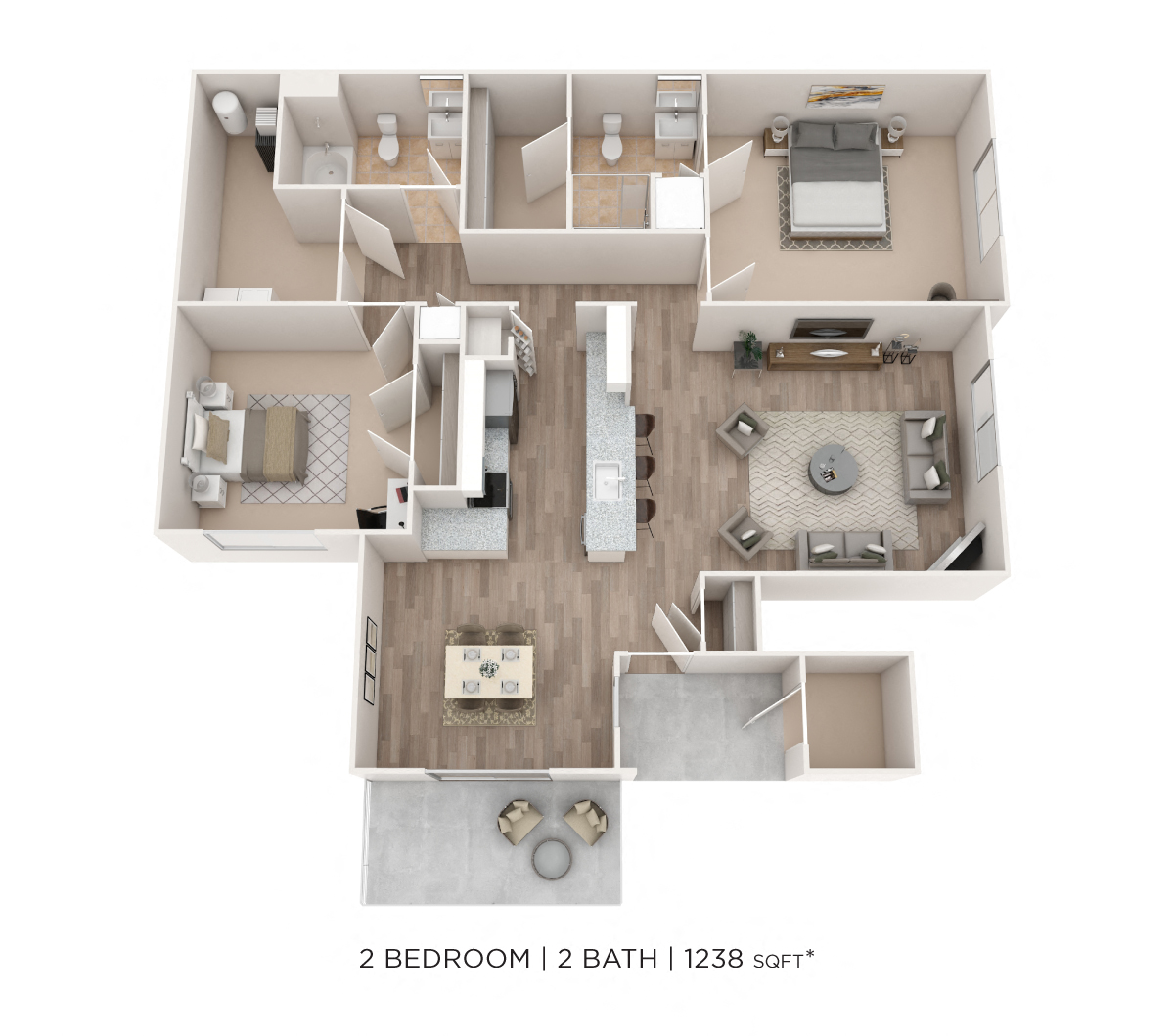 Two Bedroom 2 Bath- 1238 sqft floor plan