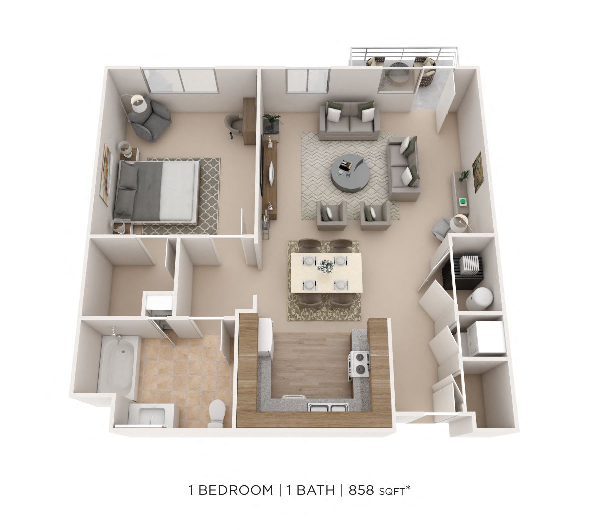One Bedroom- 858 sqft floor plan