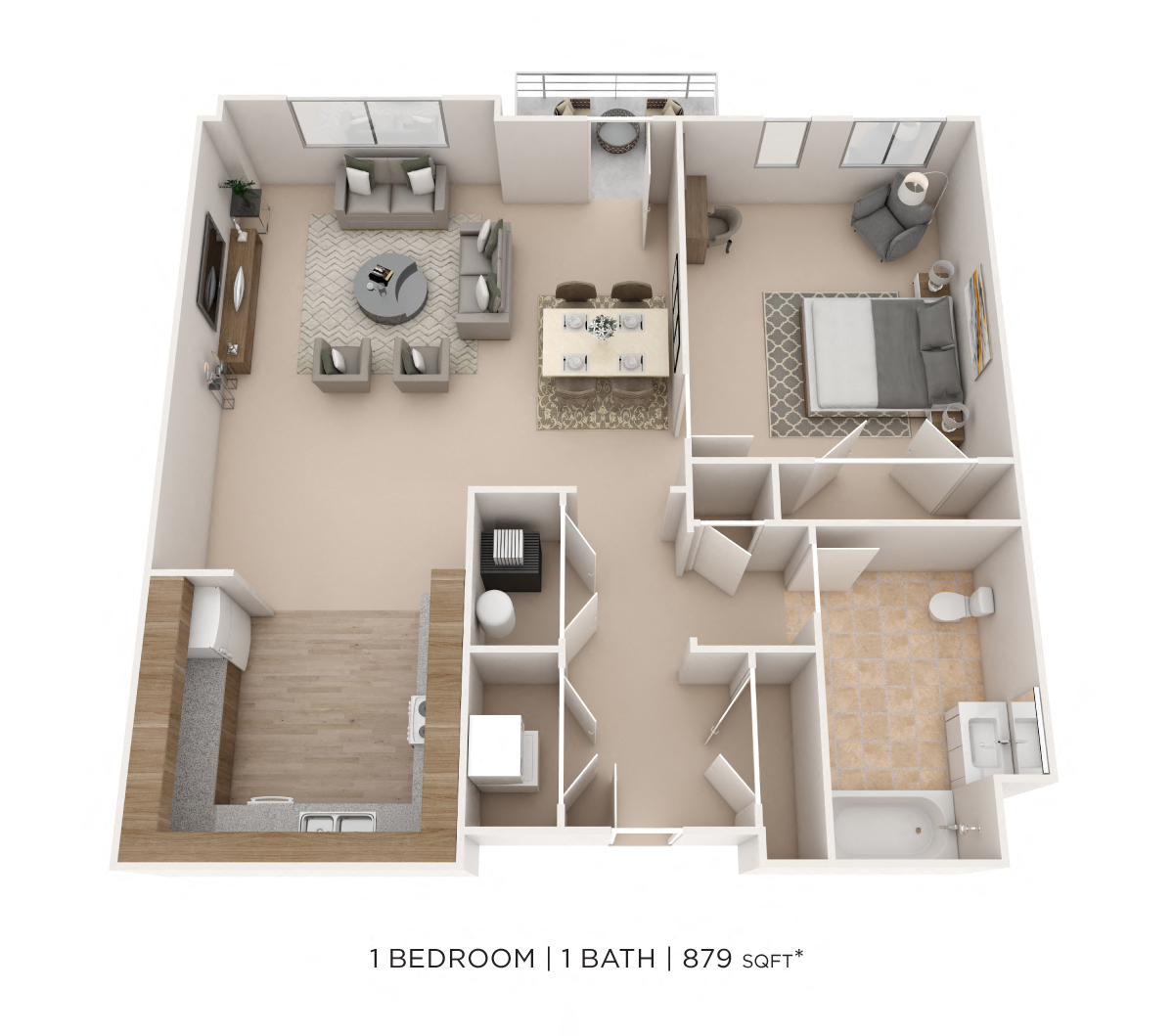 One Bedroom- 879 sqft floor plan