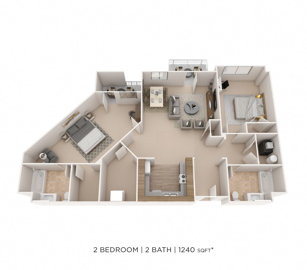 Two Bedroom 2 Bath- 1240 sqft floor plan