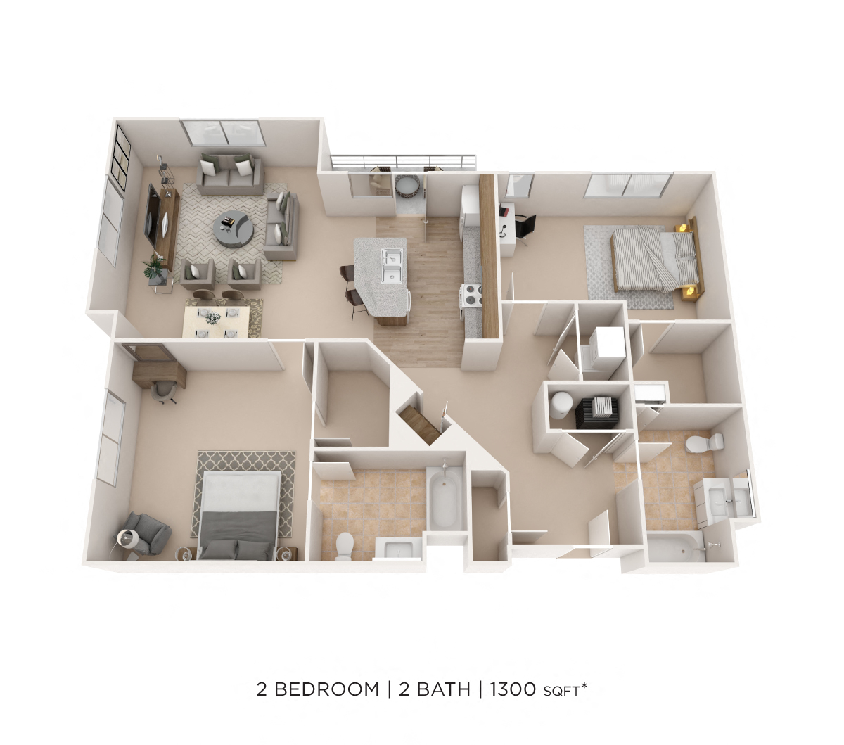 Two Bedroom 2 Bath- 1300 sqft floor plan